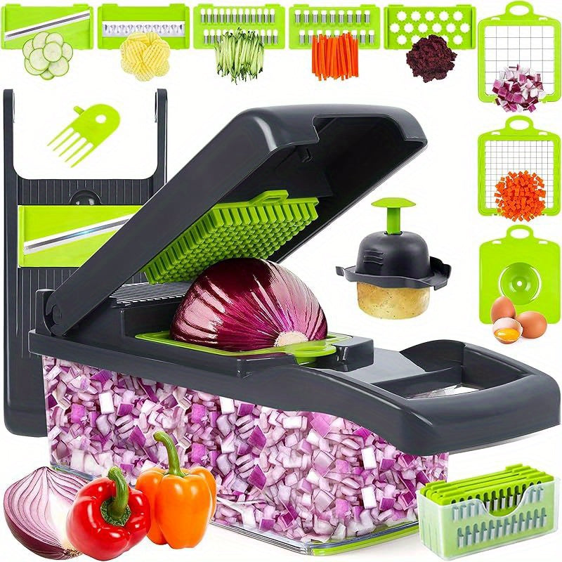 Vegetable Chopper 16-in-1 Manual Food Chopper Set, 8 Interchangeable Blades with Container, Grater & Strainer