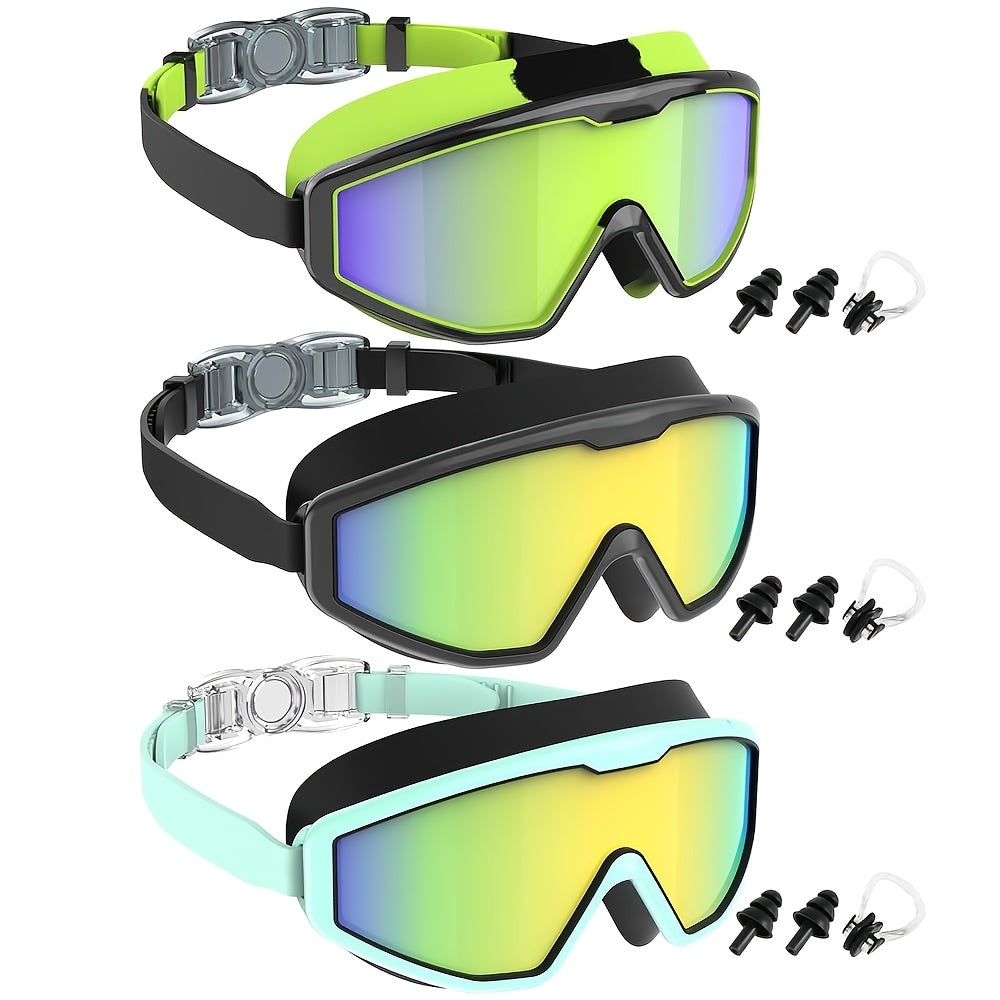 Three-Pair Swimming Goggles Set with 6.1-Inch Frames, Adjustable Straps, Earplugs and Nose Clips in Models A, B or C