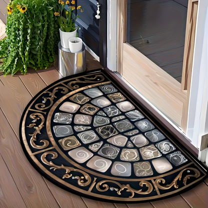 Half-Round Door Mat with Stone Mosaic and Scroll Print in 50 x 80cm or 60 x 90cm Entryway Sizes