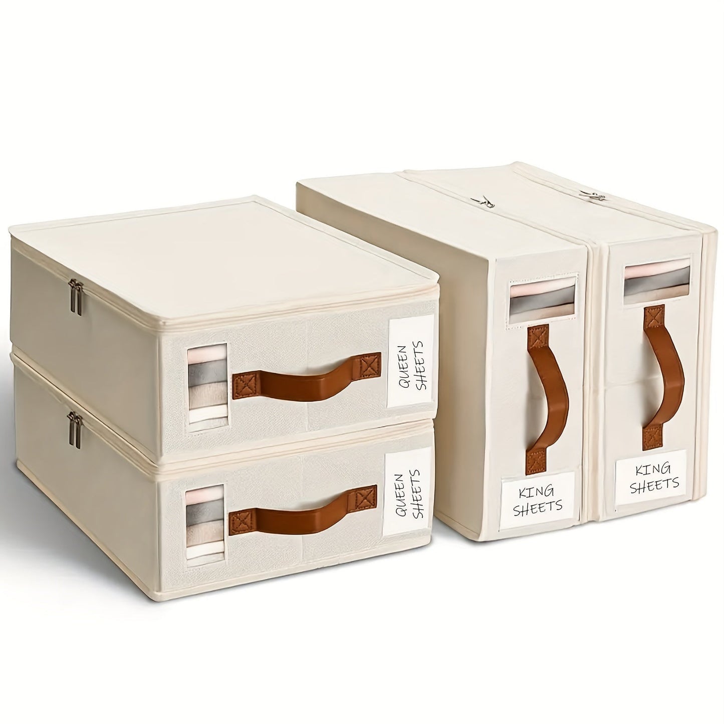 Handled Bed Sheet Storage Cases in Gray or White with Front Windows and Four- or Eight-Piece Sets