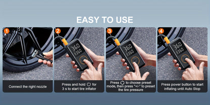 Compact Cordless Tire Inflator with Digital LCD Screen, Blue Air Hose and Pictured Valve Adapters
