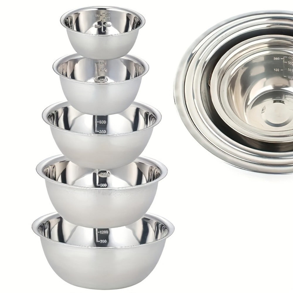 5-Piece Mixing Bowl Set with Five Nested Sizes and Source-Marked Capacity and Diameter Labels
