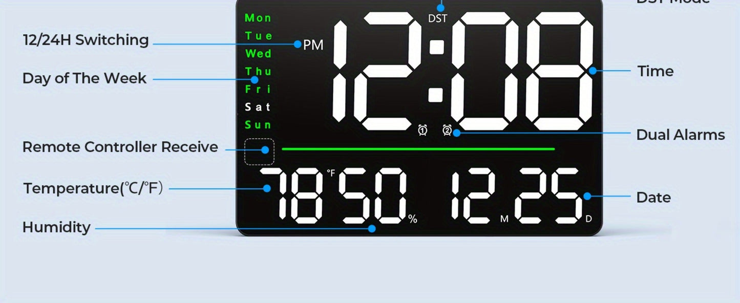 16-Inch Digital Wall Clock with LED Display, Remote, Dimmer Modes, Calendar and Indoor Temperature Readout