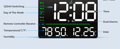 16-Inch Digital Wall Clock with LED Display, Remote, Dimmer Modes, Calendar and Indoor Temperature Readout