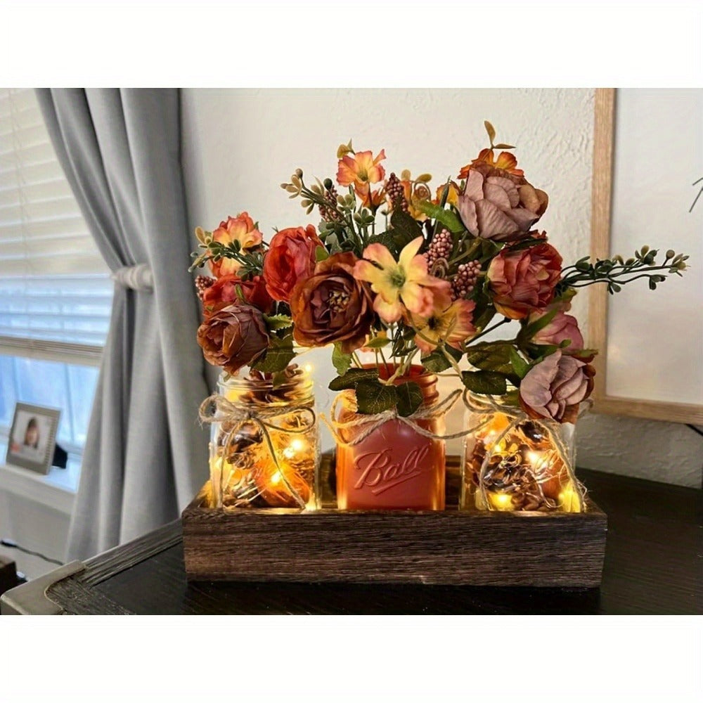 Mason Jar Centerpiece Table Decorations with Wood Tray & LED Lights, 3-Piece Farmhouse Decor Set for Dining Room