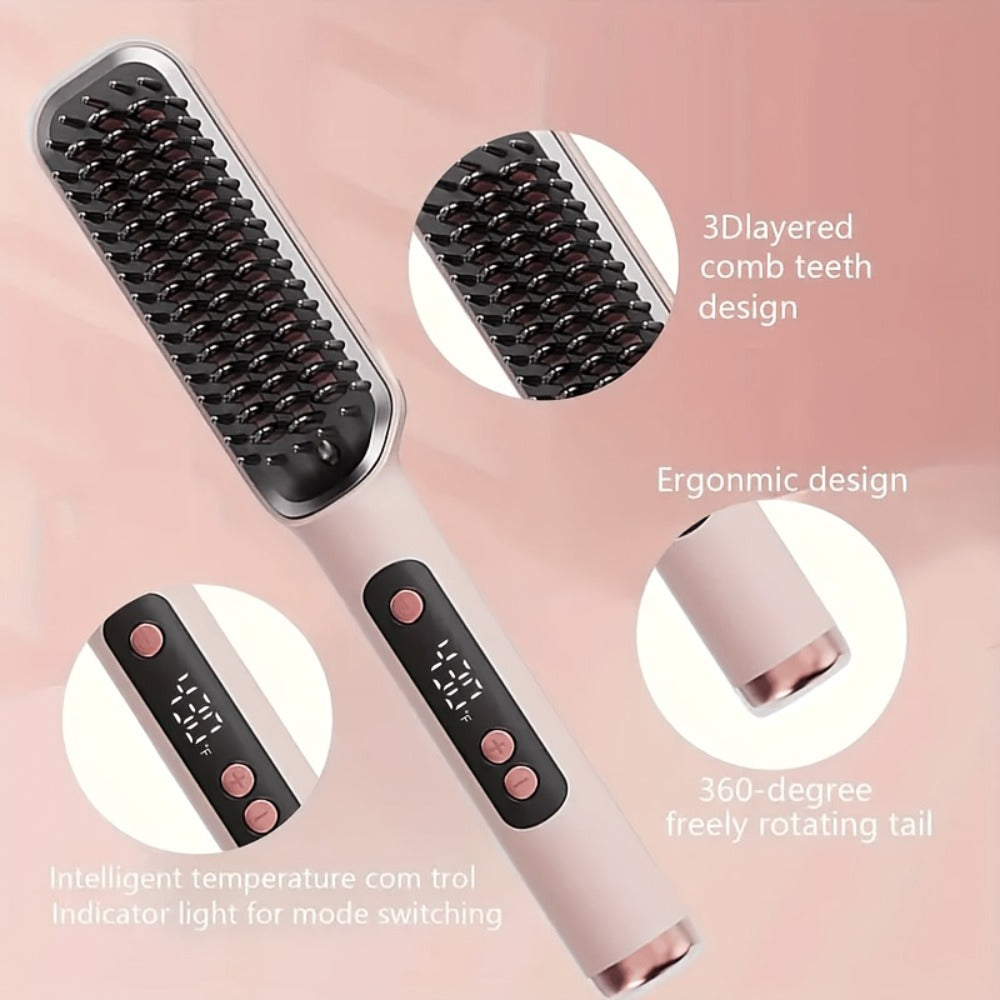 Hair Straightening Brush, 30-60 Sec Fast Heating, 3 Temperature Settings, Wide-Spaced Smooth Glide Teeth