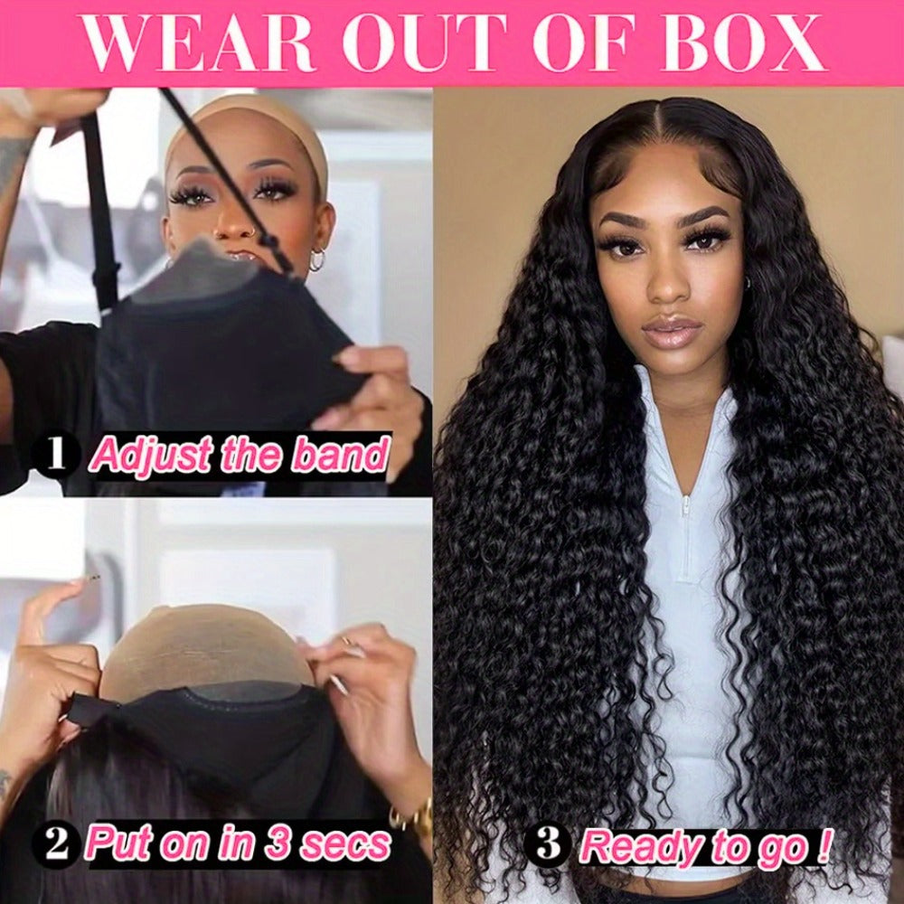 Lace Front Wig Deep Wave Human Hair, 28- or 34-Inch Natural Black with 13x4 HD Front and 250% Density