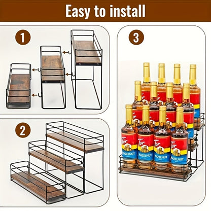 3-Tier Metal Bottle Rack Countertop Organizer – No-Install Syrup Holder for Coffee Bar, Wine & Whiskey Display Stand, Holds 12 Bottles