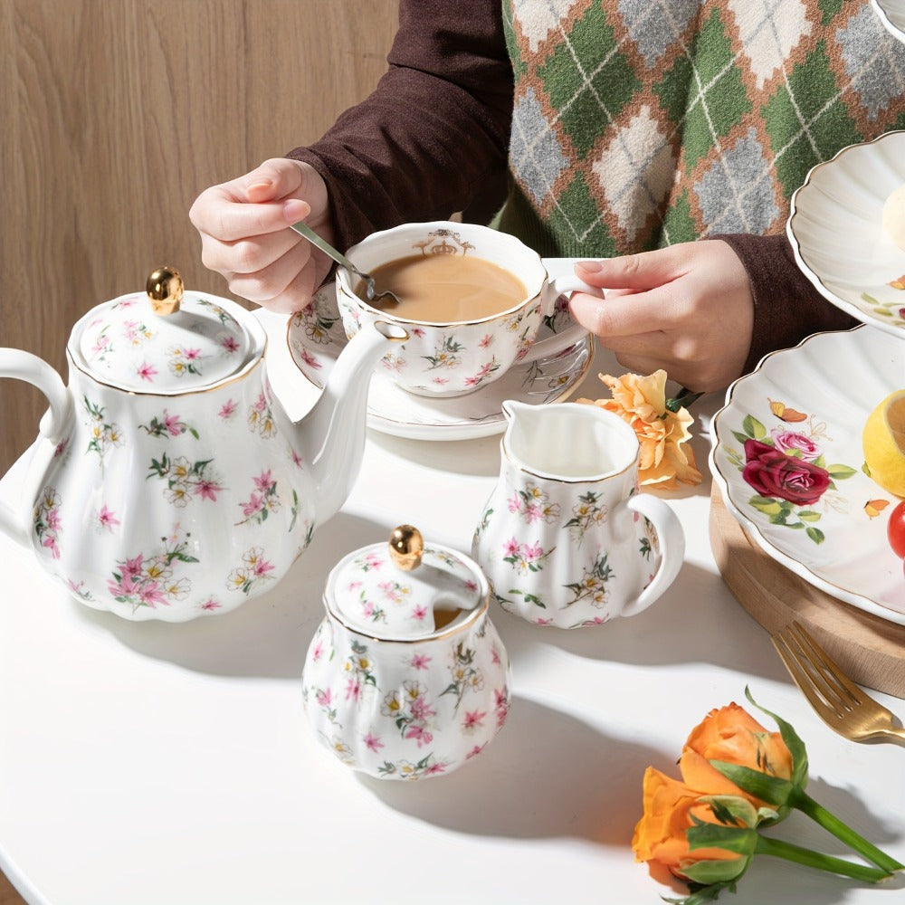 Porcelain Tea Set for 6 - 22 Piece British Royal Floral Service with Teapot, Cups & Saucers, Sugar Bowl