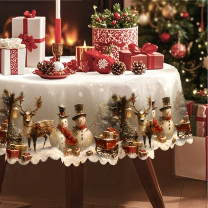 Tablecloth with Snowman, Reindeer and Christmas Tree Print in Round, Oval and Rectangle Sizes