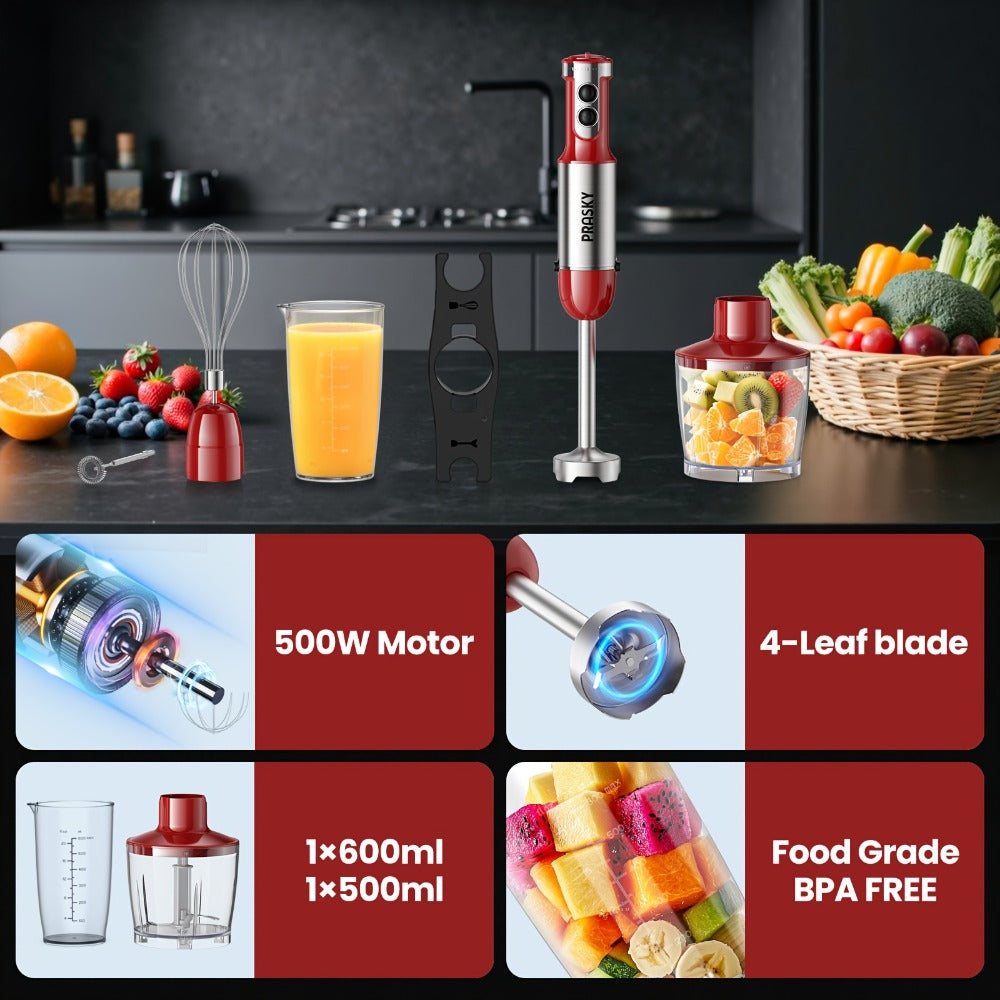 Immersion Blender 5-in-1 Handheld Mixer, Motor, Whisk Meat Chopper Measuring Cup Attachments, Stick Blender for Soups Smoothies Sauces