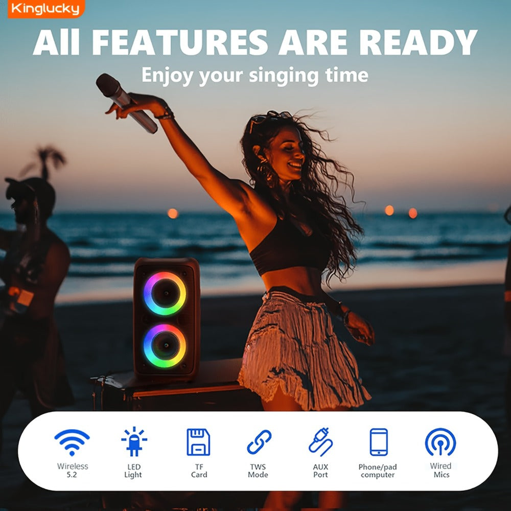 Portable Bluetooth Speaker Kinglucky Karaoke Model with 5.2 Wireless, RGB Lights, Included Mic, USB, TF and FM