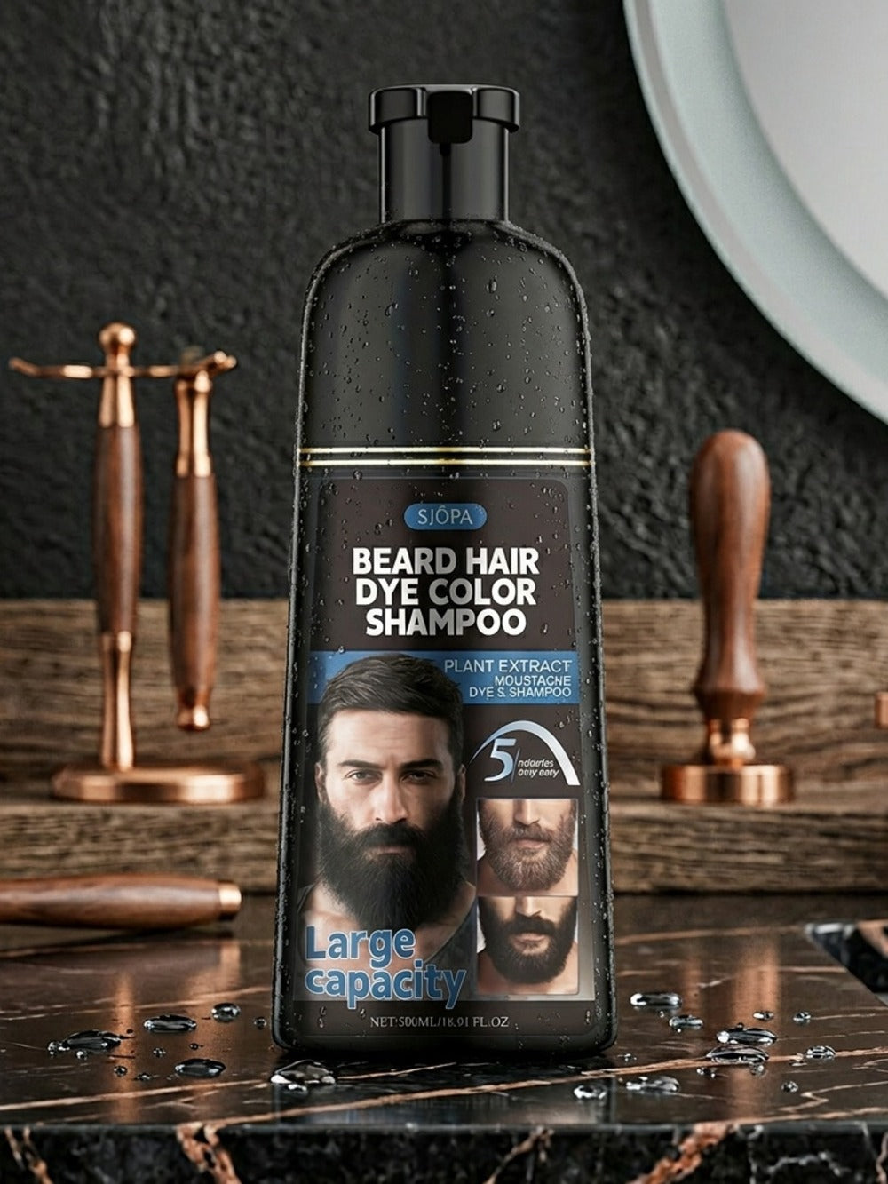 Men's Black Beard Dye 3-in-1 Hair & Beard Color Kit - Fast Blackening in 10-15 Minutes, Nourishing Skin-Safe Formula