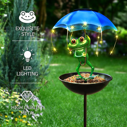 Solar Garden Decor Frog with Umbrella LED Light, Iron Frog Outdoor Statue with Solar Powered LED
