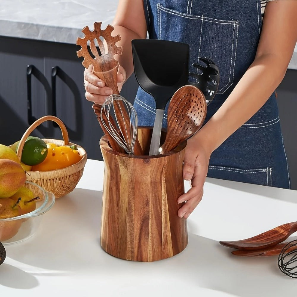 Utensil Holder & Chopstick Organizer – Wall-Mounted Wood Cutlery Storage, No Screws or Adhesive
