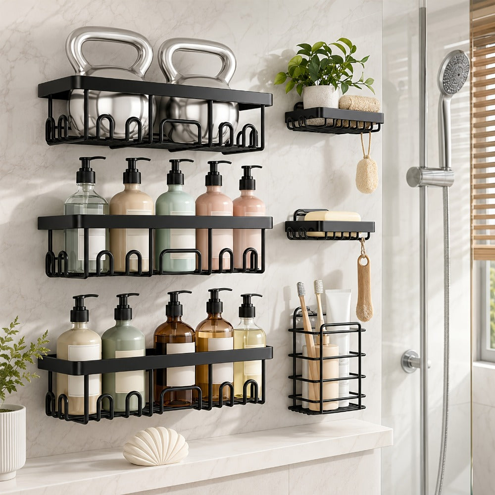 Six-Piece Black Adhesive Wall-Mounted Shower Caddy Set with Shelves, Hooks and Paper Holder