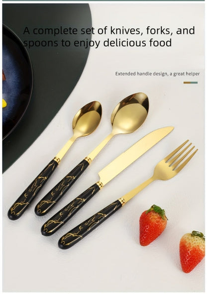 Marble Pattern Cutlery Set 24pcs – Dinner Forks Soup Spoons Teaspoons for Home Hotel Restaurant