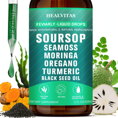 Soursop Bitters Liquid Drops 10-in-1 with Sea Moss Moringa Turmeric Black Seed Oil Oregano for Bath Time, Home Spa and Personal Care