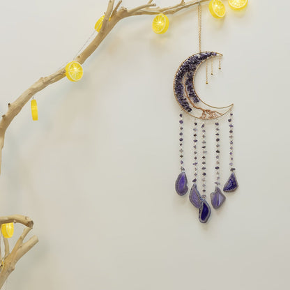 Dreamcatcher Moon Suncatcher Wall Hanging, Handmade Boho Wind Chime Pendant for Indoor Outdoor Garden