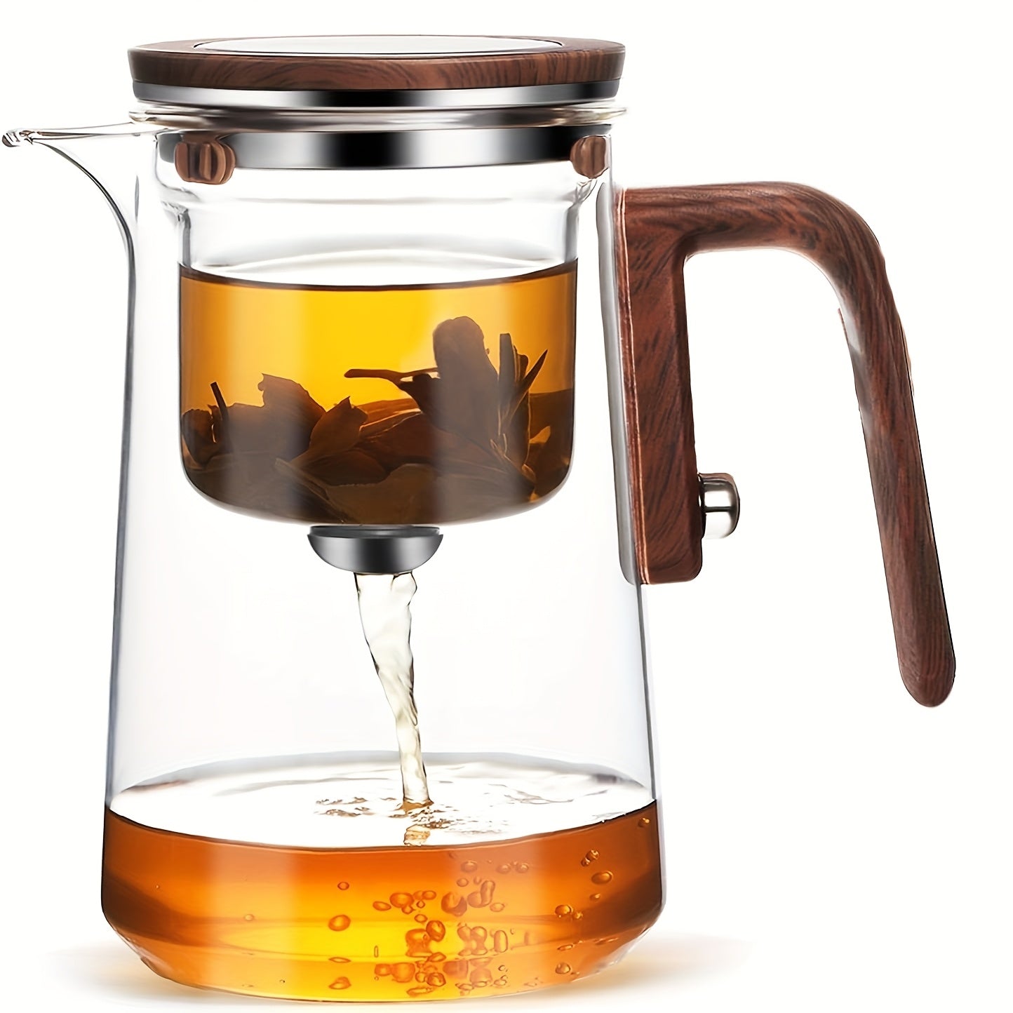 Glass Teapot with Infuser & Wooden Handle – Borosilicate Tea Kettle, One-Button Tea-Water Separation, Drip-Free Spout
