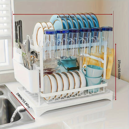 Dish Drying Rack 2 Tier with Drainboard for Kitchen Counter Metal Dish Drainer with Utensil for Home Cooking, Dining and Outdoor Meals