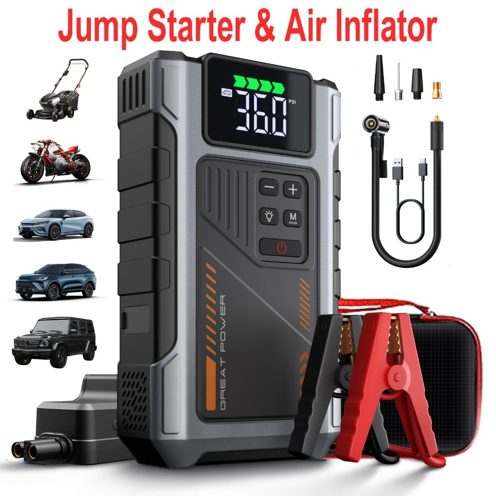 Portable Jump Starter 9-in-1 with Air Compressor – 12V Car Battery Booster for 8.0L Gas & 6.5L Diesel, USB-C, LED Emergency Light