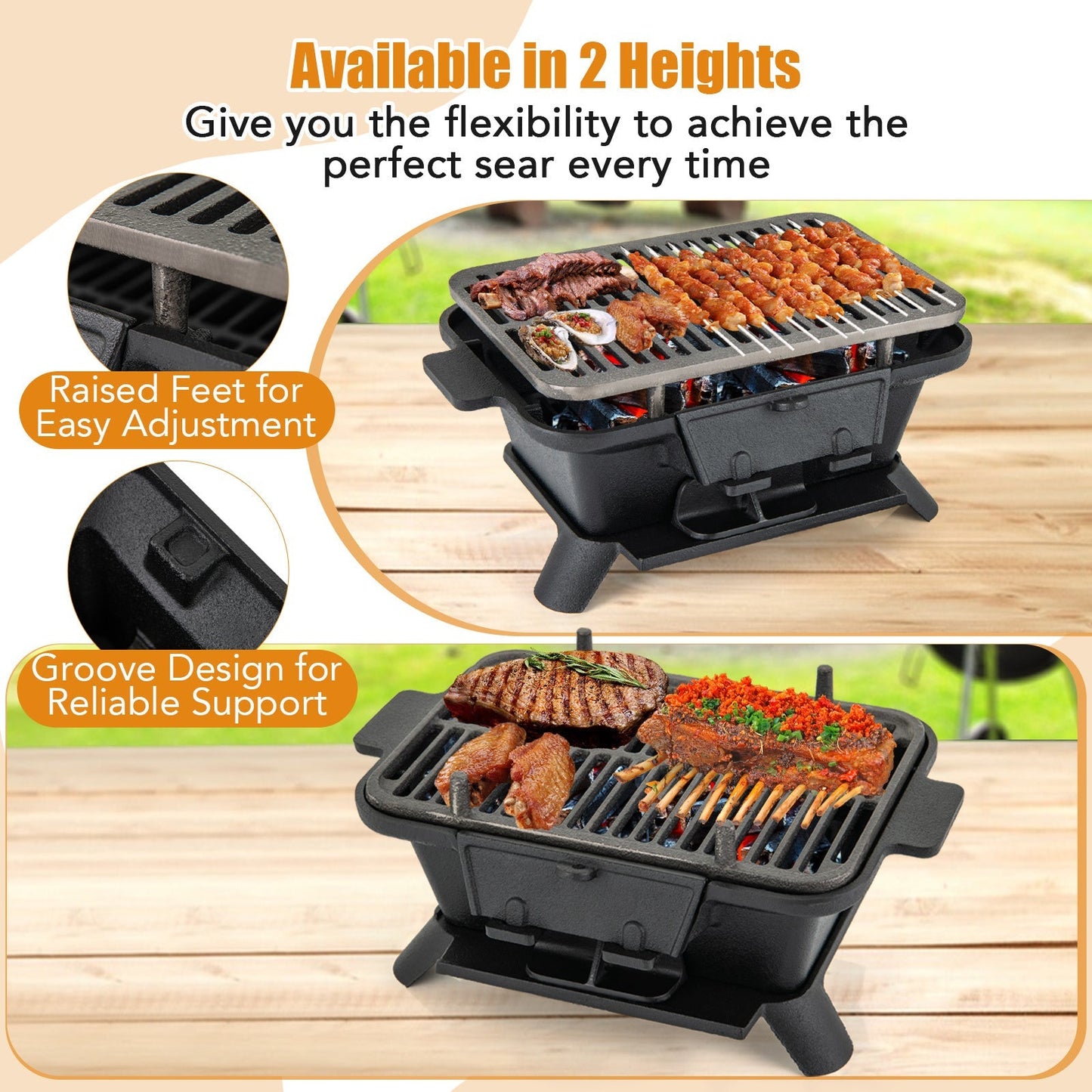 Cast Iron Charcoal Grill Portable Hibachi Tabletop BBQ Grill 16x11in Double-Sided Grate for Grilling, Camping and Outdoor Meals