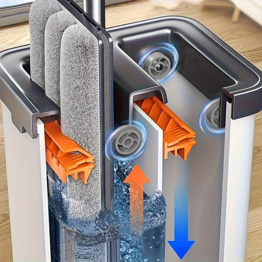 Flat Floor Mop and Bucket Set with Self-Cleaning System – Manual Squeeze Mop for Home, Office, Living Room, Bathroom & Kitchen – ABS