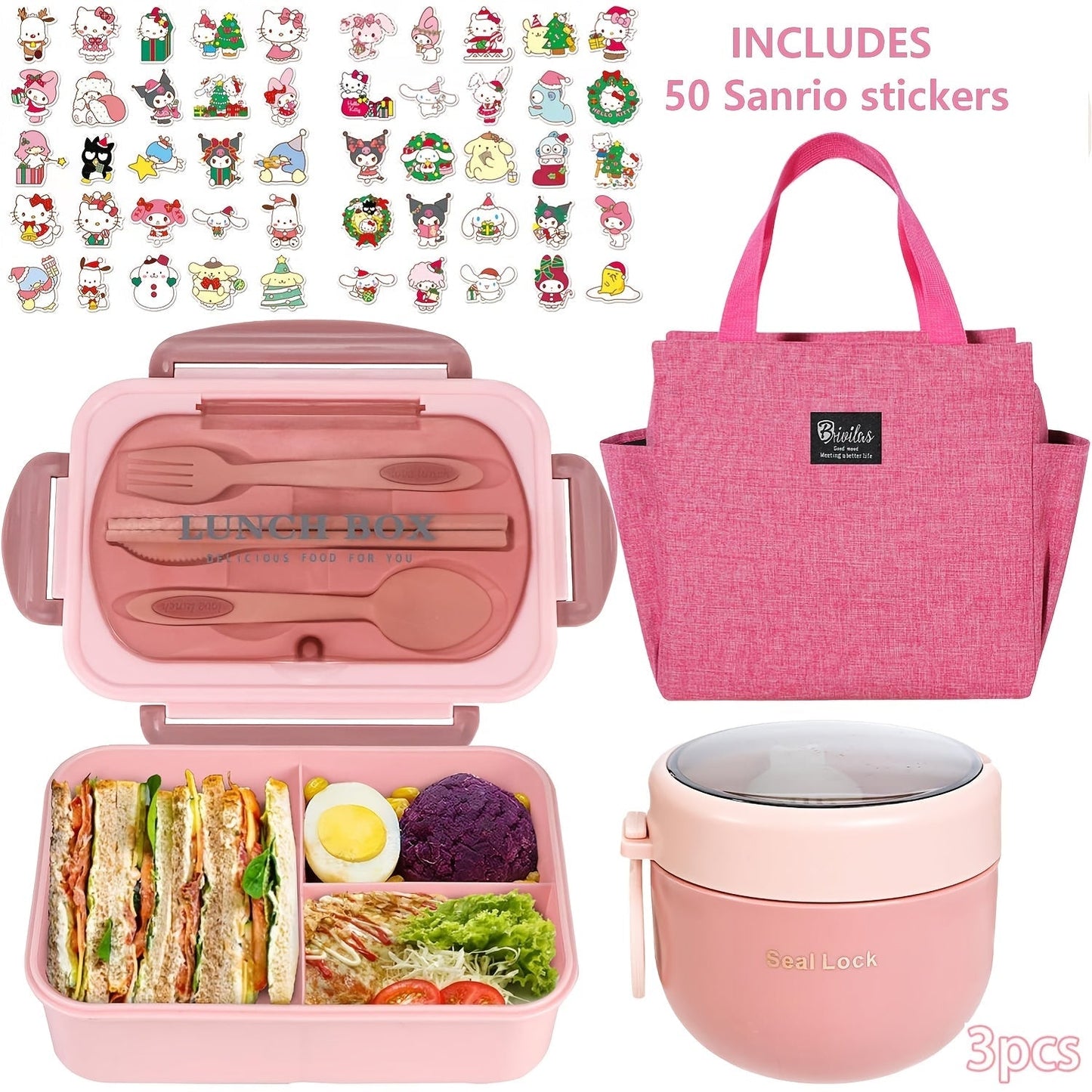Sanrio Lunch Box Set 53pcs Bento Box with Thermal Bag Breakfast Cup Portable Sealed Compartment Microwave for Work Picnic School