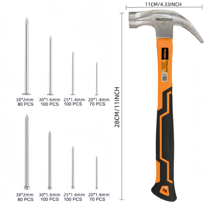 Claw Hammer & 700-Piece Nail Kit, 8oz or 16oz Forged Steel Magnetic Hammer with Galvanized Picture Hanging & Finishing Nails