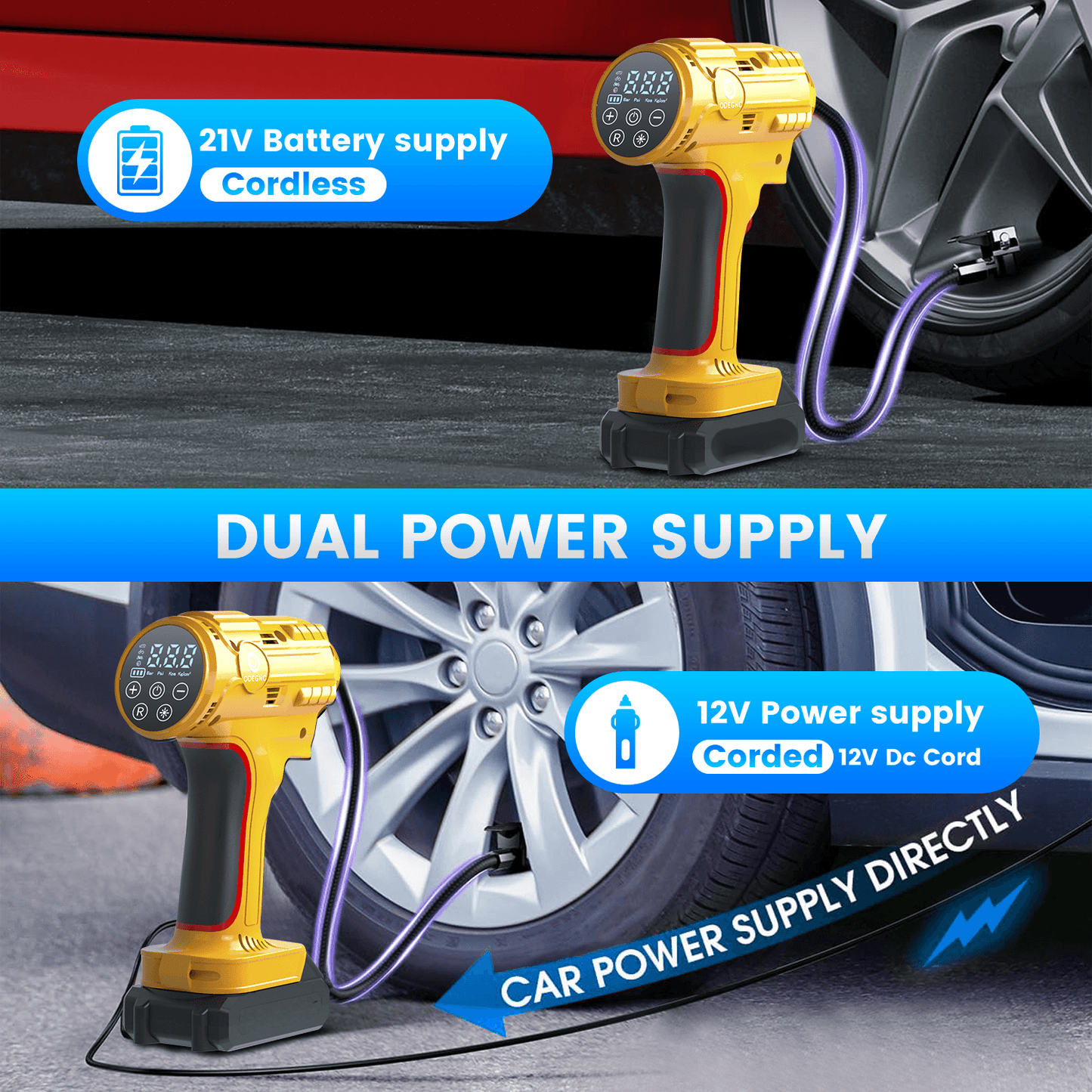 Portable Air Pump Inflator 160PSI – Auto Shut-Off, 35L/min, Dual Power (Battery/12V Car), Digital Gauge, 3-Mode LED Light for Car Tires