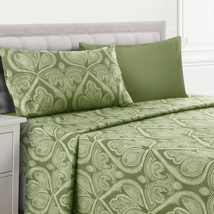Bed Sheet Set Paisley Brushed Polyester in 4- or 6-Piece Sizing with 16-Inch Pocket and Wash Instructions