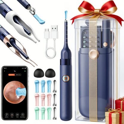 Rechargeable Camera Ear Cleaning Set with LED Light, Silicone Tips, Storage Case and Creamy White or Blue Finish