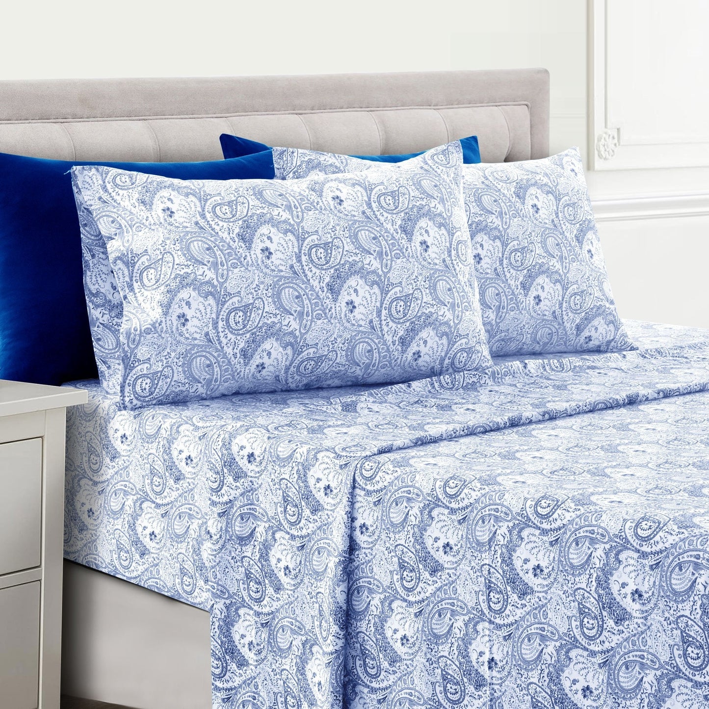 Bed Sheet Set Paisley Brushed Polyester in 4- or 6-Piece Sizing with 16-Inch Pocket and Wash Instructions
