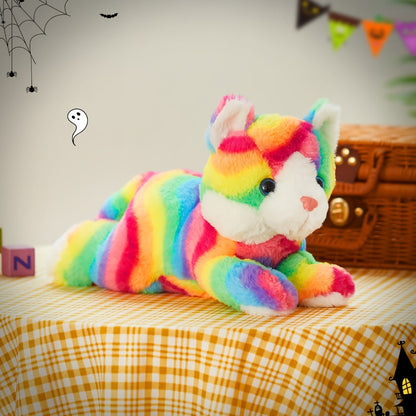 Plush Toy Rainbow Cat with LED Glow and Optional Music for Colorful Kawaii Room Display and Gifting