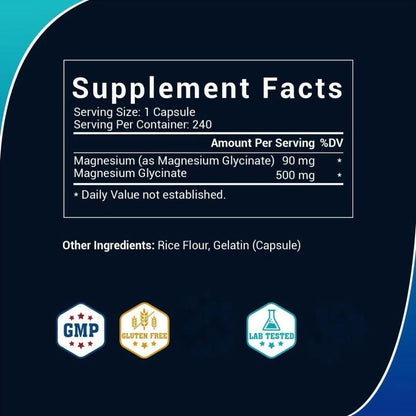 Magnesium Glycinate 500mg Chelated Capsules, Deep Sleep, Stress & Relaxation Supplement for Women & Men