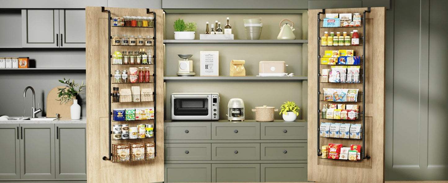 Over Door Pantry Storage Organizer 6 or 8-Tier Metal Spice Rack in Black or White for Kitchen Use