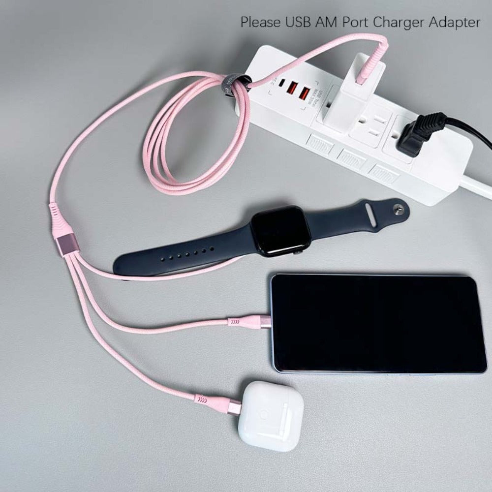 71-Inch Pink Braided Charging Cable with USB-A Input, Lightning, USB-C and Magnetic Watch Pad