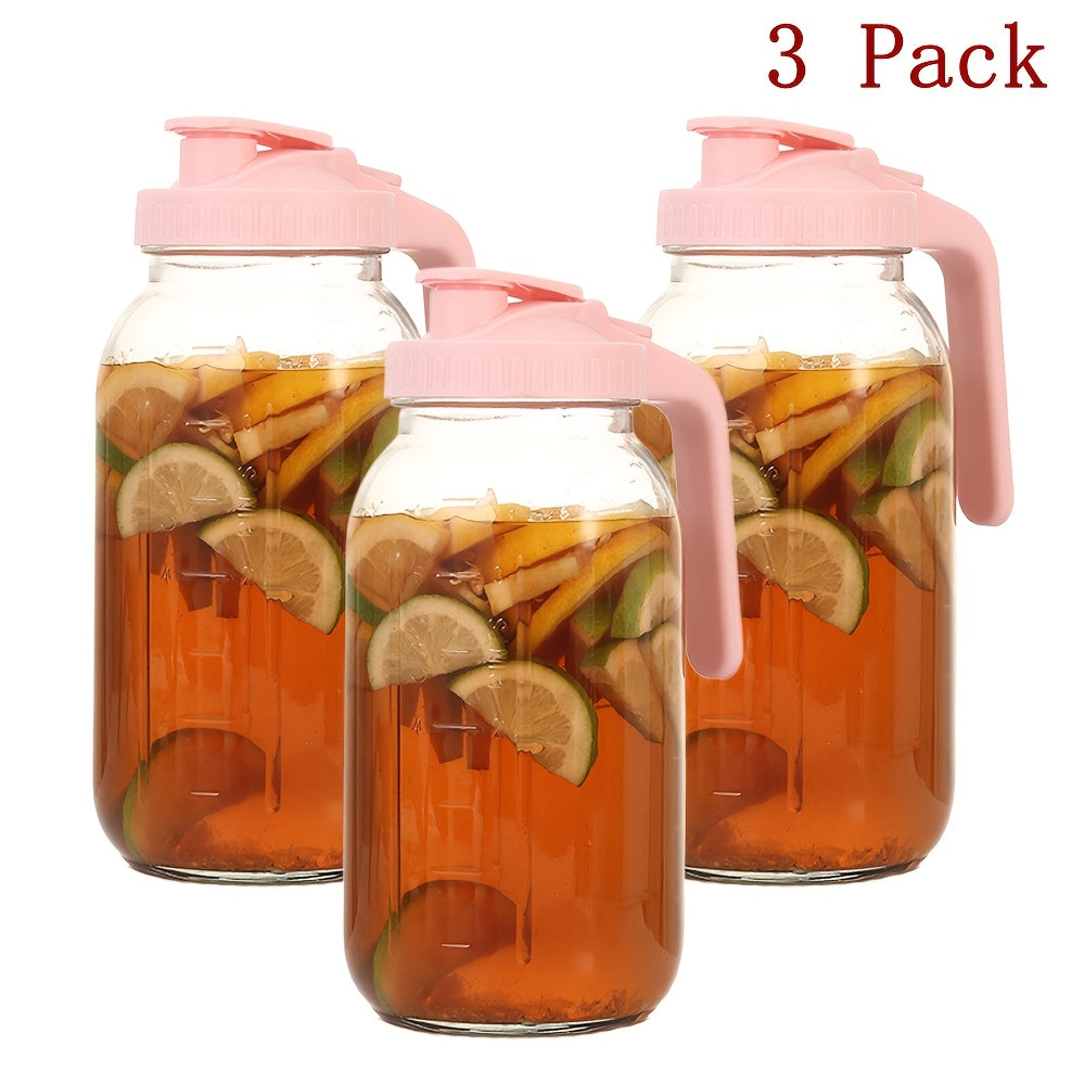 64oz Mason Jar with Handle and Lid 2/3 Pack, Borosilicate Glass Beverage Carafe, Leak-Proof Drinking Jar for Juice