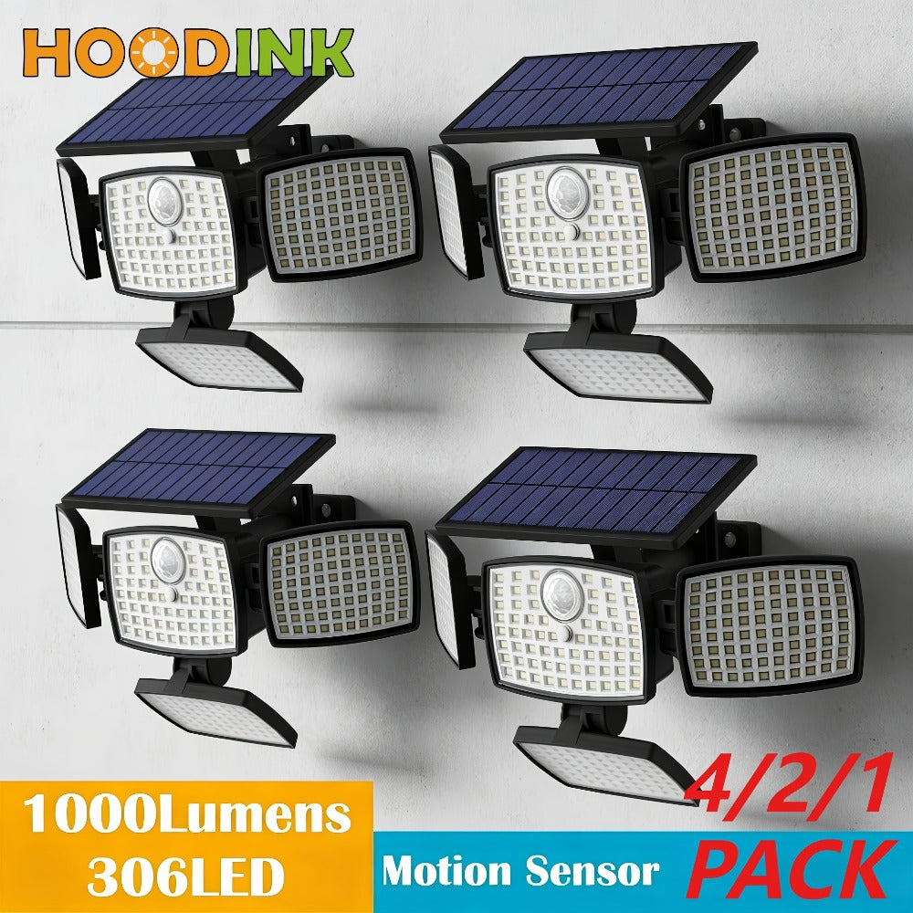 Solar Outdoor Motion Sensor Light 4-Head 3000LM, 270° Wide Angle, 3 Modes, Remote Control for Garden, Pathway and Patio Lighting