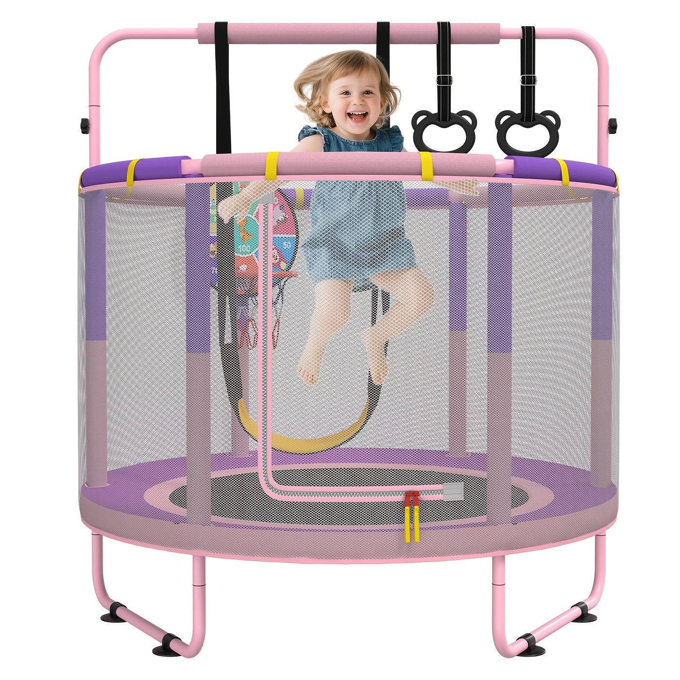 60 Inch Kids Trampoline 6-in-1 with Safety Net Enclosure, Basketball Hoop, Swing, Dart Board & Gymnastic Rings