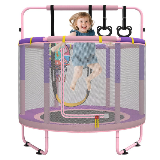 60 Inch Kids Trampoline 6-in-1 with Safety Net Enclosure, Basketball Hoop, Swing, Dart Board & Gymnastic Rings