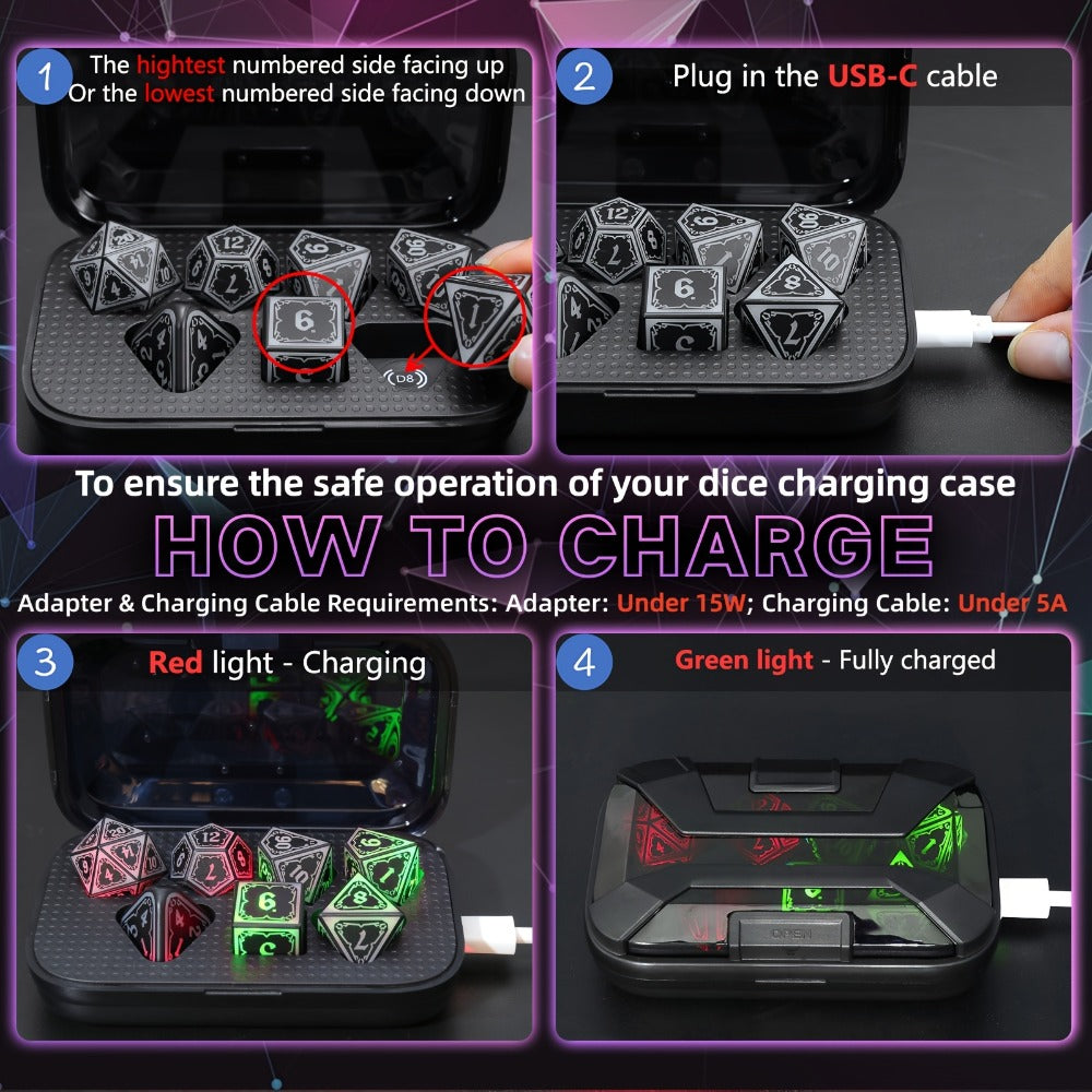 Glowing DnD Dice Set with Wireless Rechargeable Charging Case with the Listed Color, Size or Set Options for Everyday Use