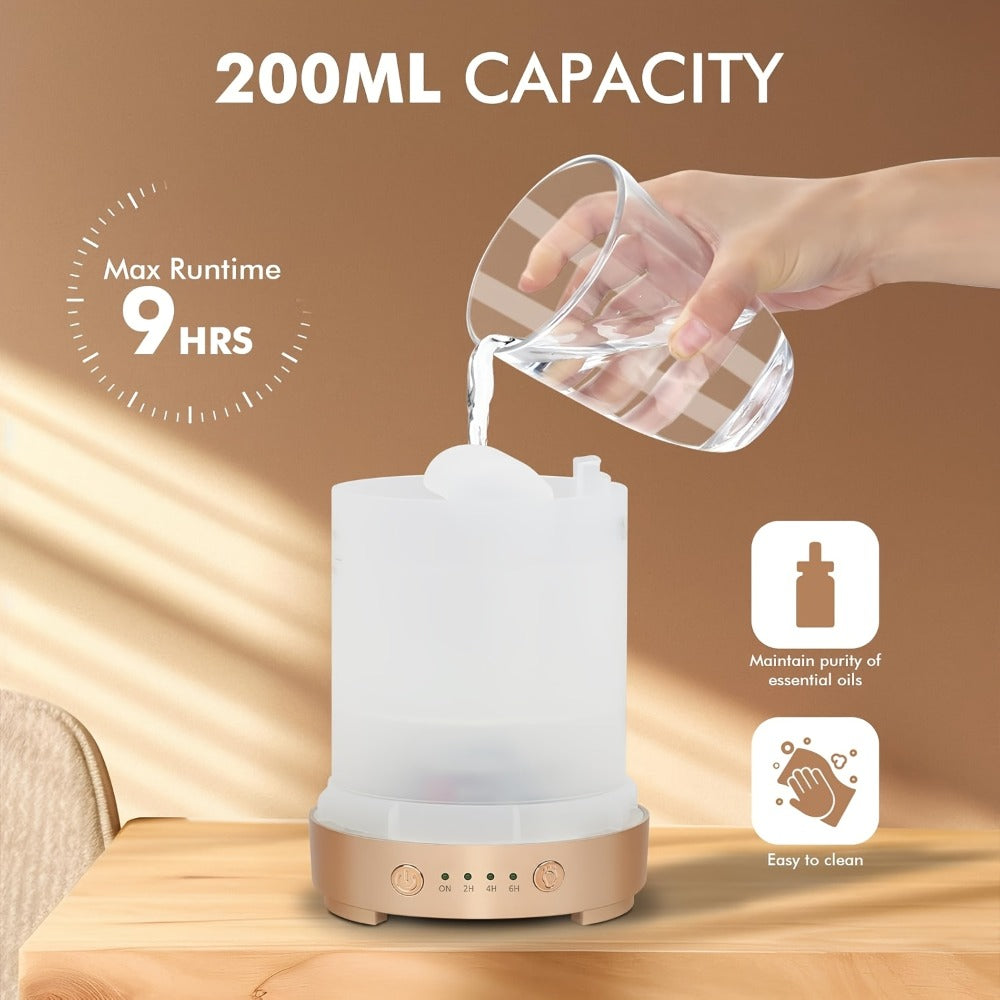 200ml Essential Oil Diffuser with Textured Glass-Style Cover, Seven-Color Light and 2H, 4H or 6H Timer