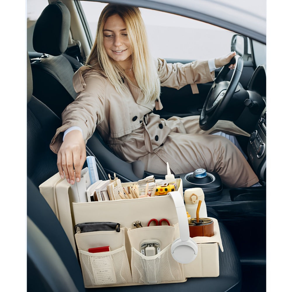 Seat-Top Car Organizer Box with Open Tray, Cup Recesses, Side Pockets and Four Size-Color Options
