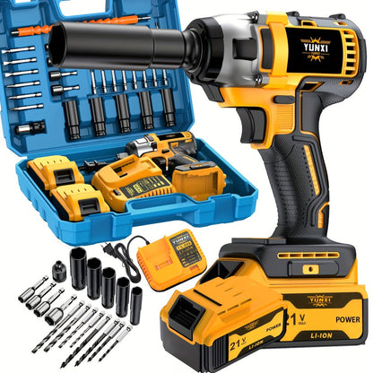 Cordless Impact Wrench 21V Brushless Electric Drill Set with 4000mAh Battery, Toolbox & Full Accessories