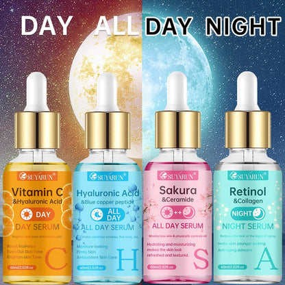 Face Serum Set 4-Piece Day & Night with Vitamin C Retinol Hyaluronic Acid Ceramide - Deep for Bath Time, Home Spa and Personal Care