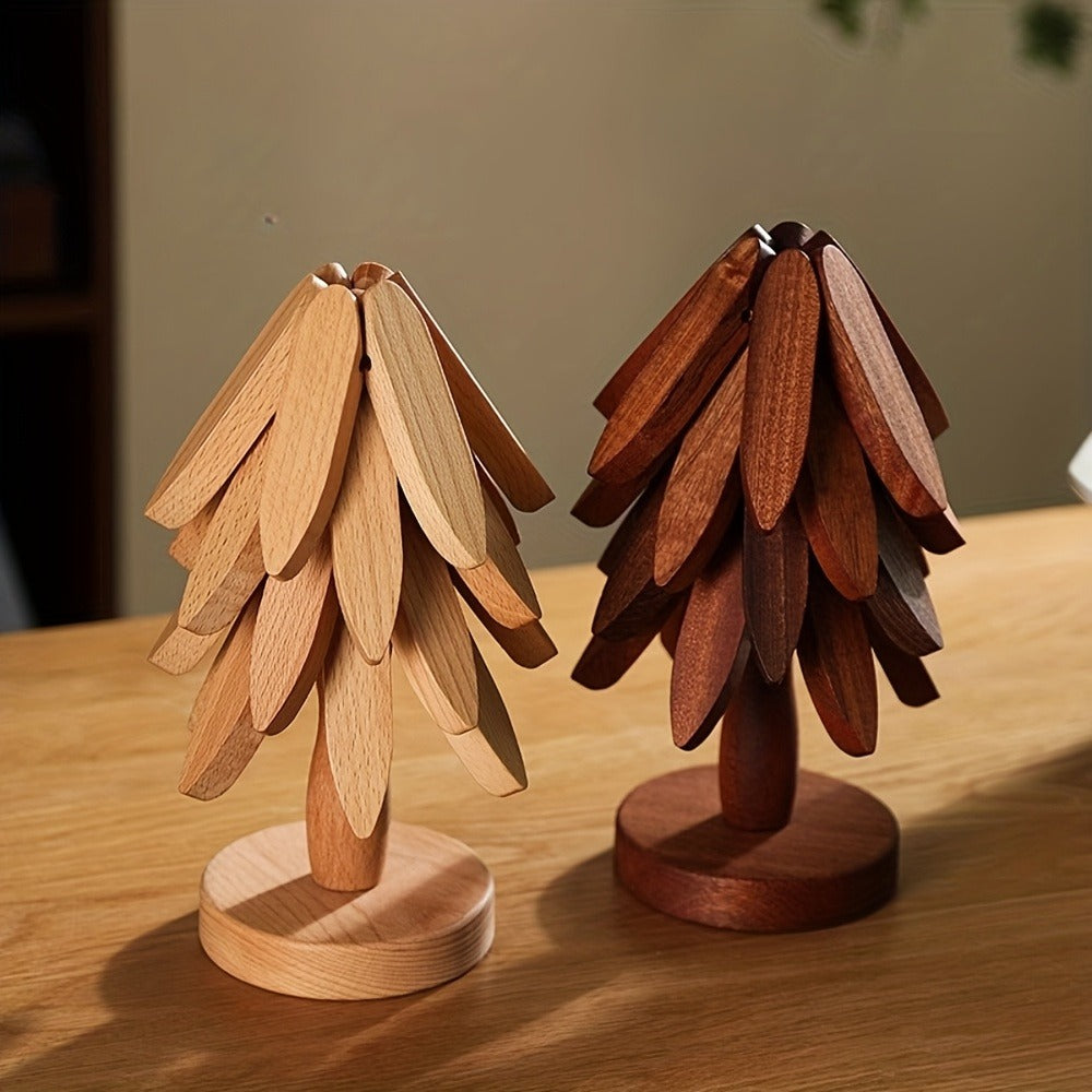 Solid Wood Trivet Mat Set 6pcs with Storage Rack, Heat-Resistant Tree-Shaped Coasters for Home Cooking, Dining and Outdoor Meals