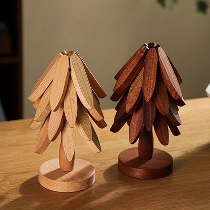 Solid Wood Trivet Mat Set 6pcs with Storage Rack, Heat-Resistant Tree-Shaped Coasters for Home Cooking, Dining and Outdoor Meals