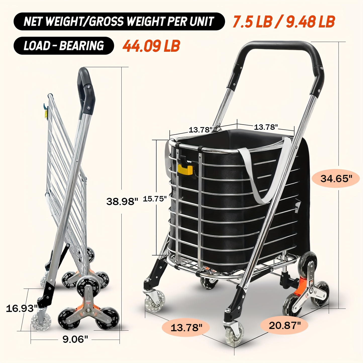 Stair Climbing Cart Collapsible Shopping Trolley with Swivel Wheels & Night Light, for Garden, Patio and Yard Use
